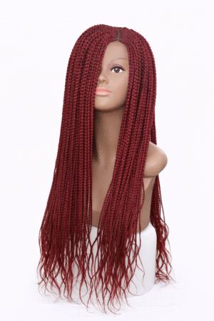 Maroon Long Braided Human Hair Wig – Lace Front Micro Braids (22–24 Inch)