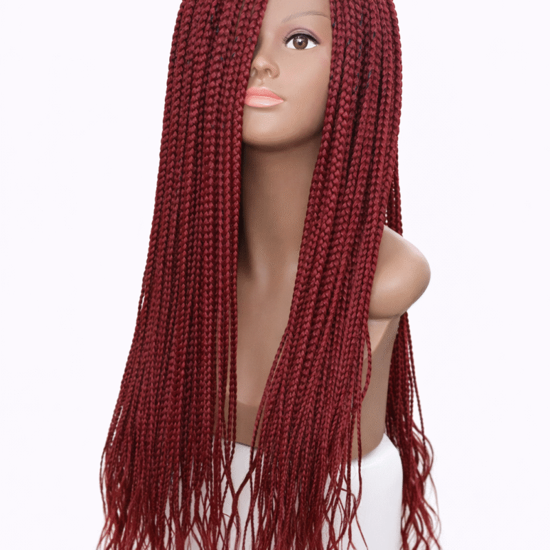 Maroon Long Braided Human Hair Wig – Lace Front Micro Braids (22–24 Inch)